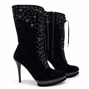 Stuart Weitzman Black Suede Studded Lace-Up Platform Stiletto Boots 7.5